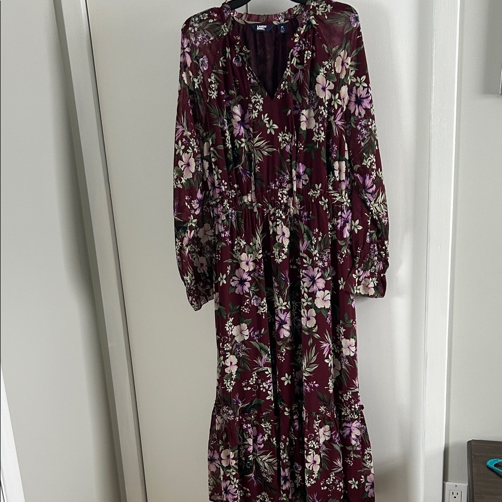 Lands' End Burgundy Floral Long Sleeve Dress